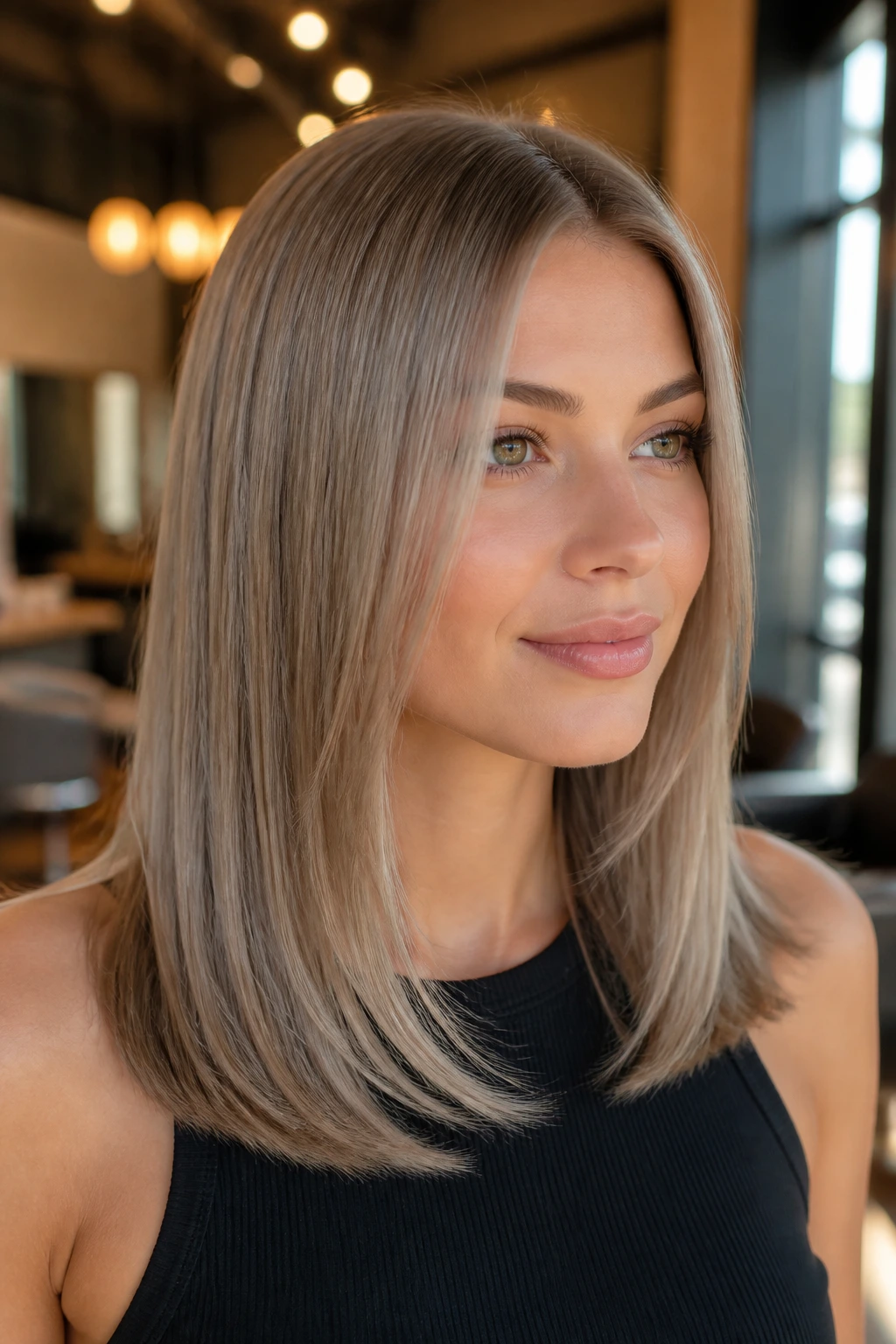 Close-up of mushroom blonde satin-finish hair on a real woman in a salon