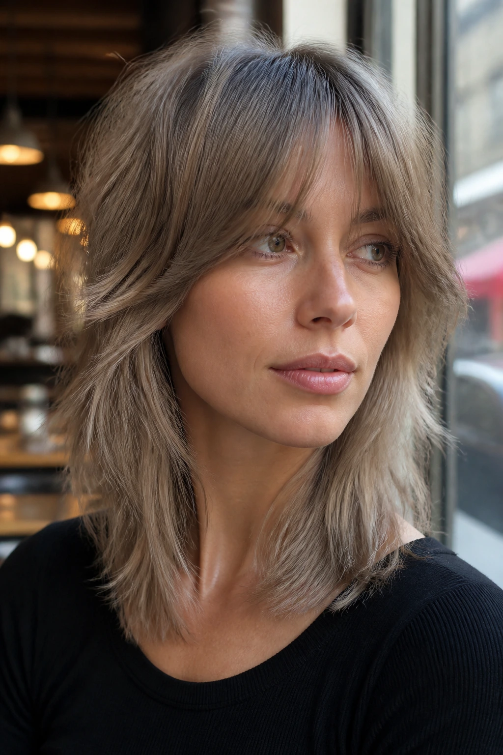 Close-up of a real woman with mushroom blonde shag and taupe tones