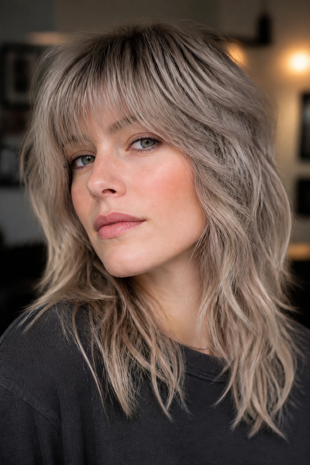 Portrait of a woman with mushroom blonde shag showing smoky beige tones and dimensional layers