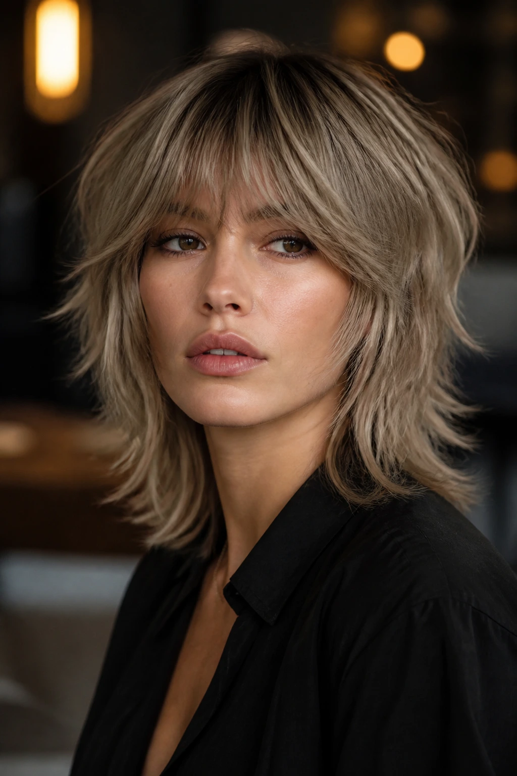 Real woman with mushroom blonde shag haircut featuring bangs and taupe-beige tones.