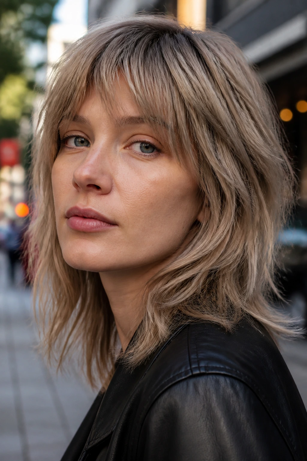Close-up portrait of a woman with mushroom blonde shag and piecey texture