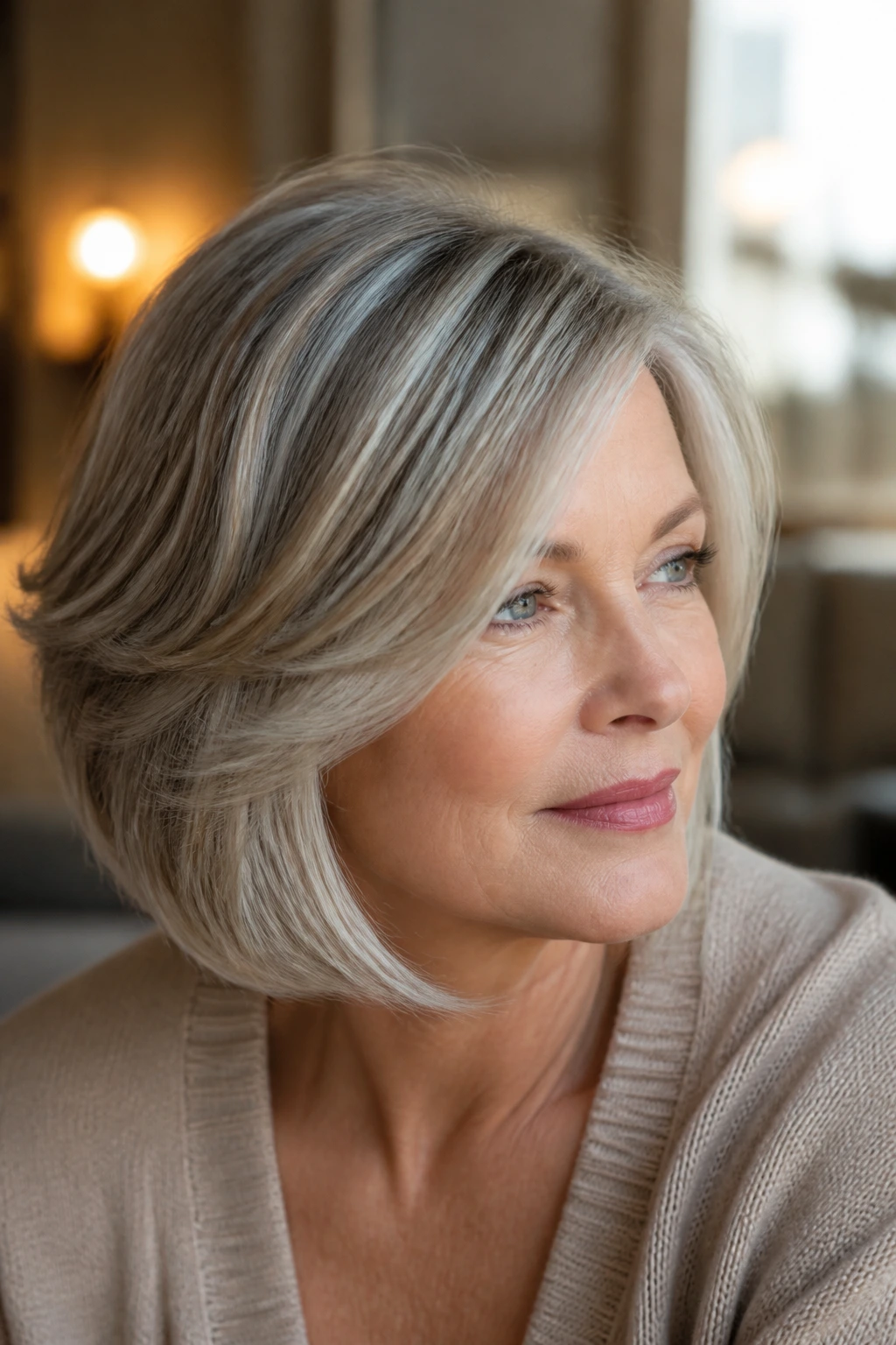 Mushroom blonde with silver ribbons on a real woman in warm indoor light