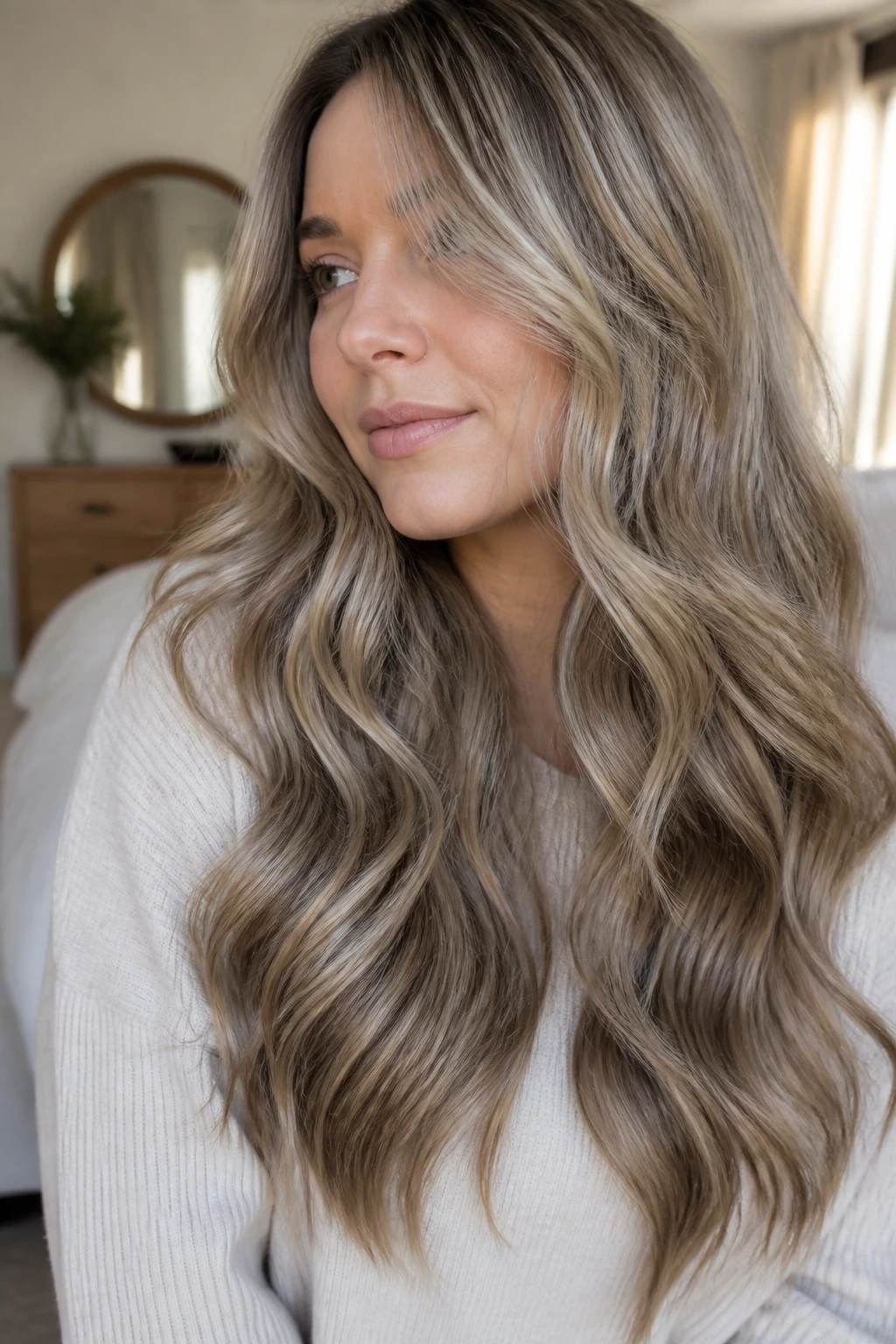 Close-up of mushroom blonde with smoky lowlights on long wavy hair
