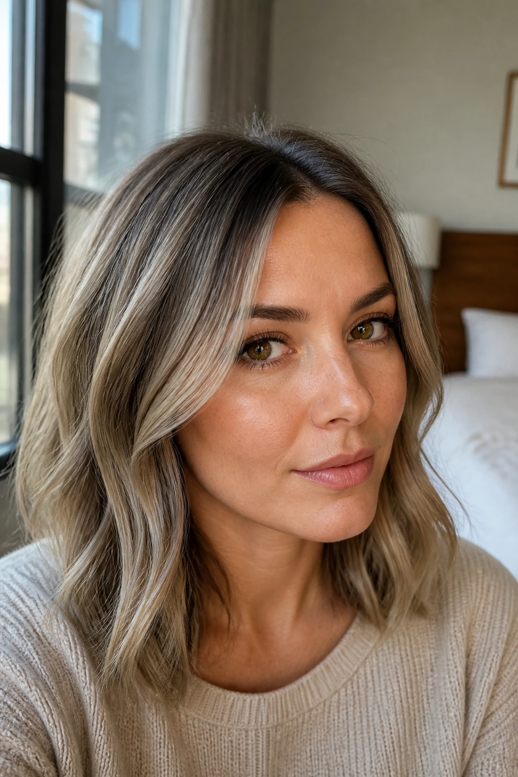 Close-up of a real woman with shoulder-length mushroom blonde hair and smoky depth.