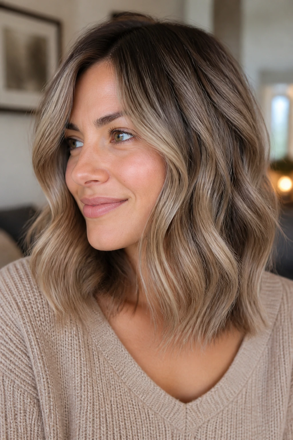 Close-up portrait of a real woman showcasing mushroom blonde with smoky low-lights