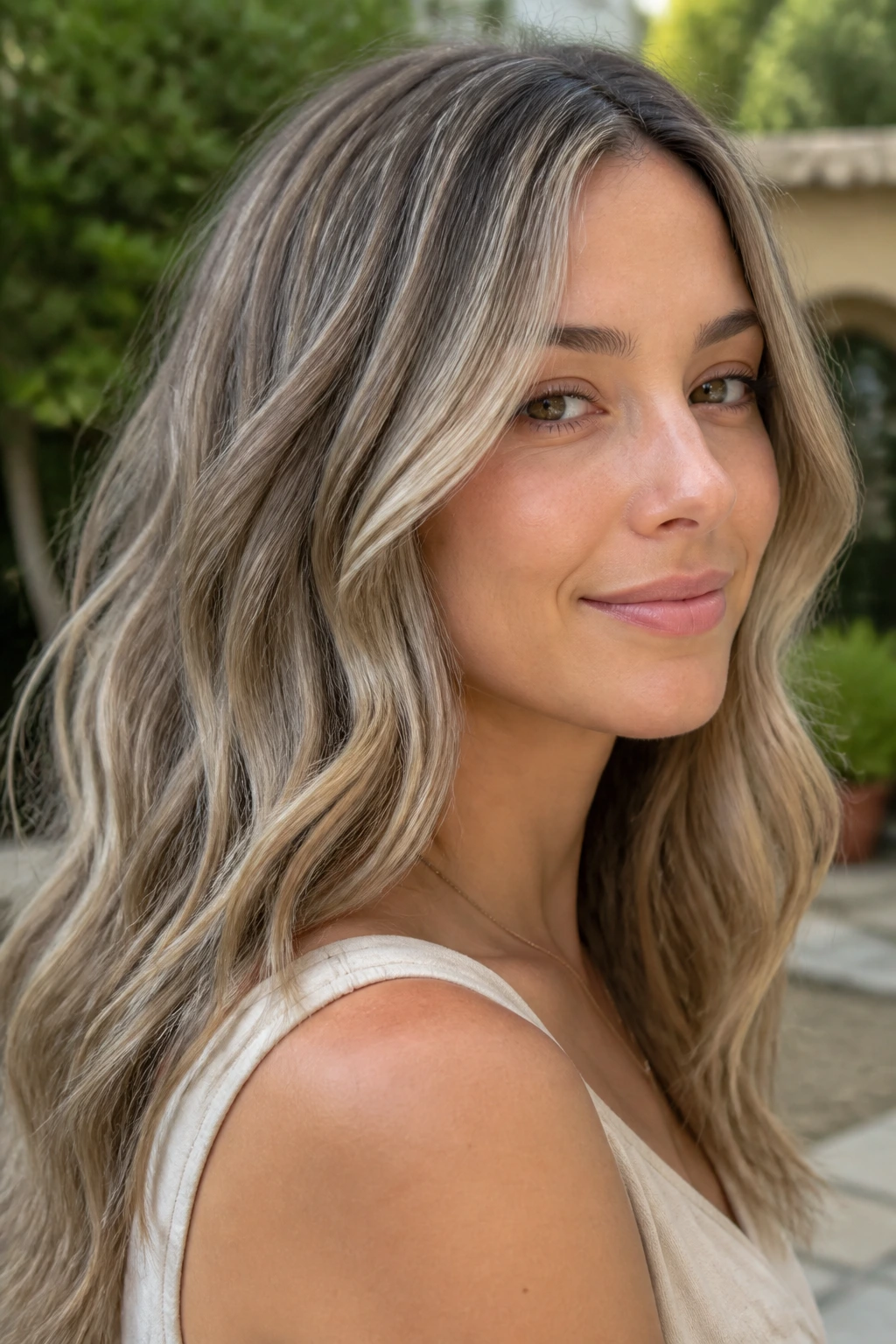 Close-up portrait of a real person with mushroom blonde and smoky lowlights in natural daylight