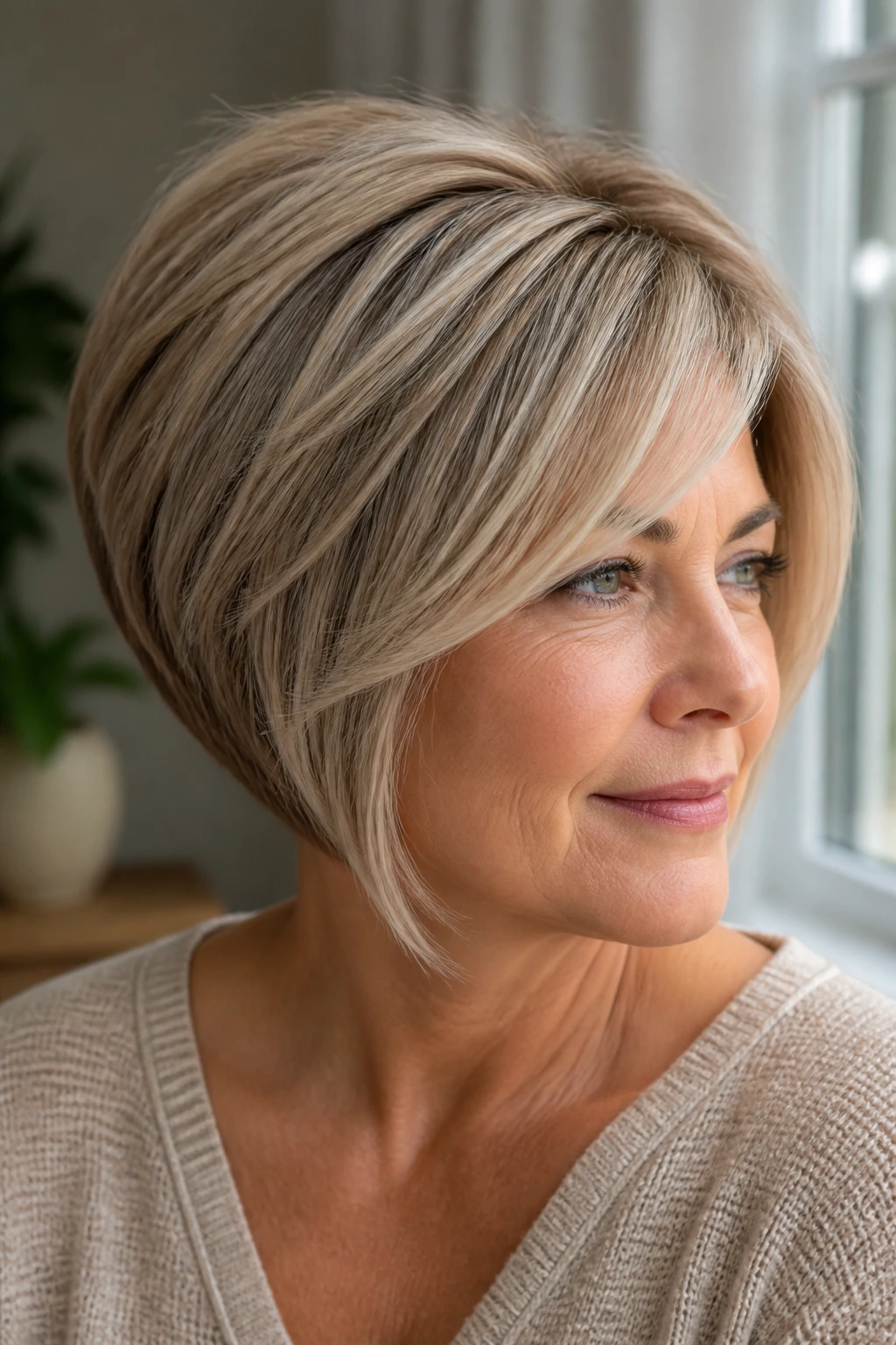 Three-quarter view of a real woman with mushroom blonde stacked bob showing crown lift.
