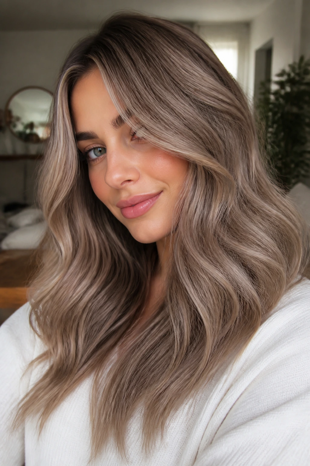 Close-up of a person with mushroom blonde hair in taupe beige tones.