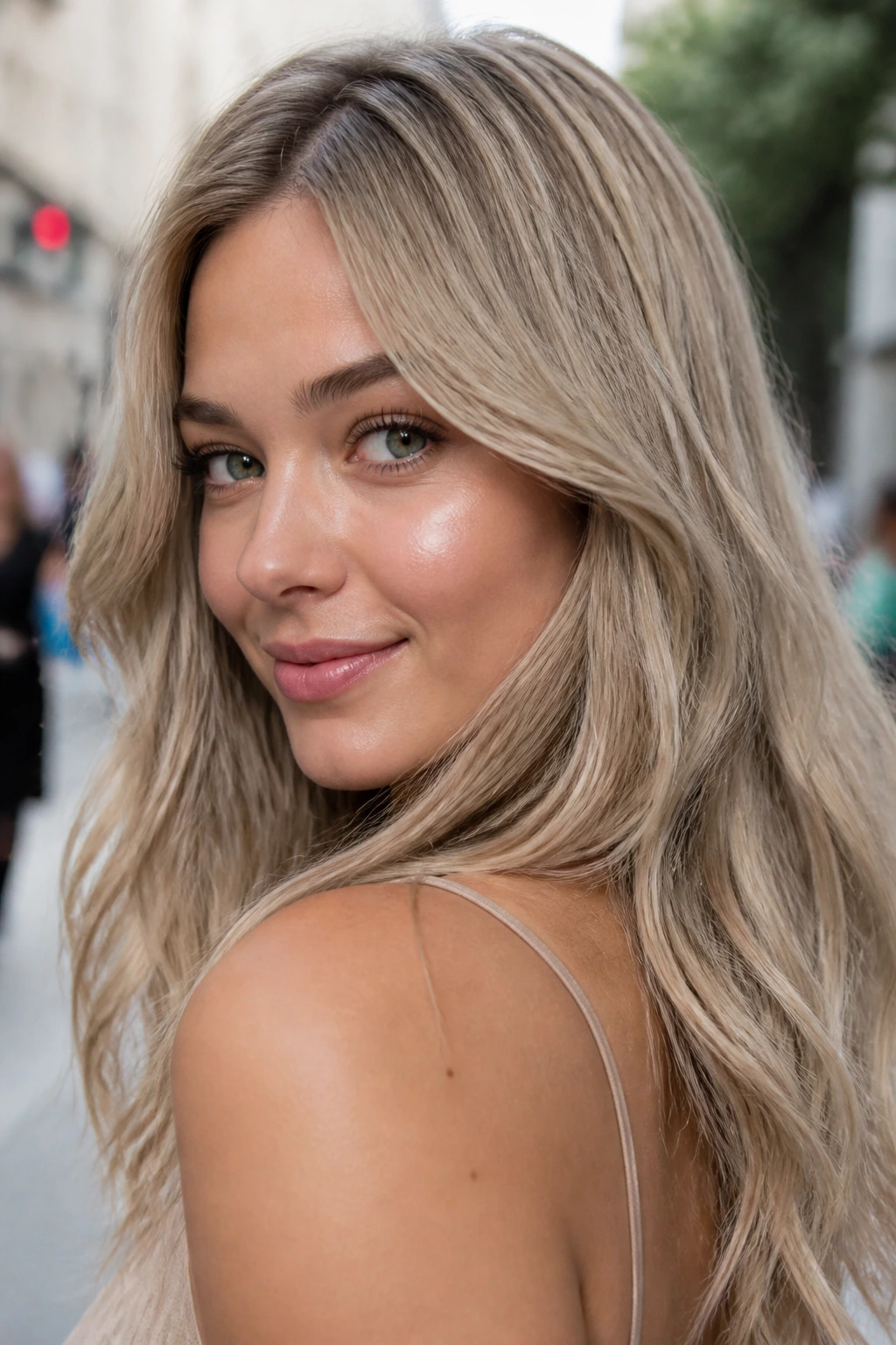 Close-up of a real woman with neutral cool mushroom blonde hair and cool-toned lighting