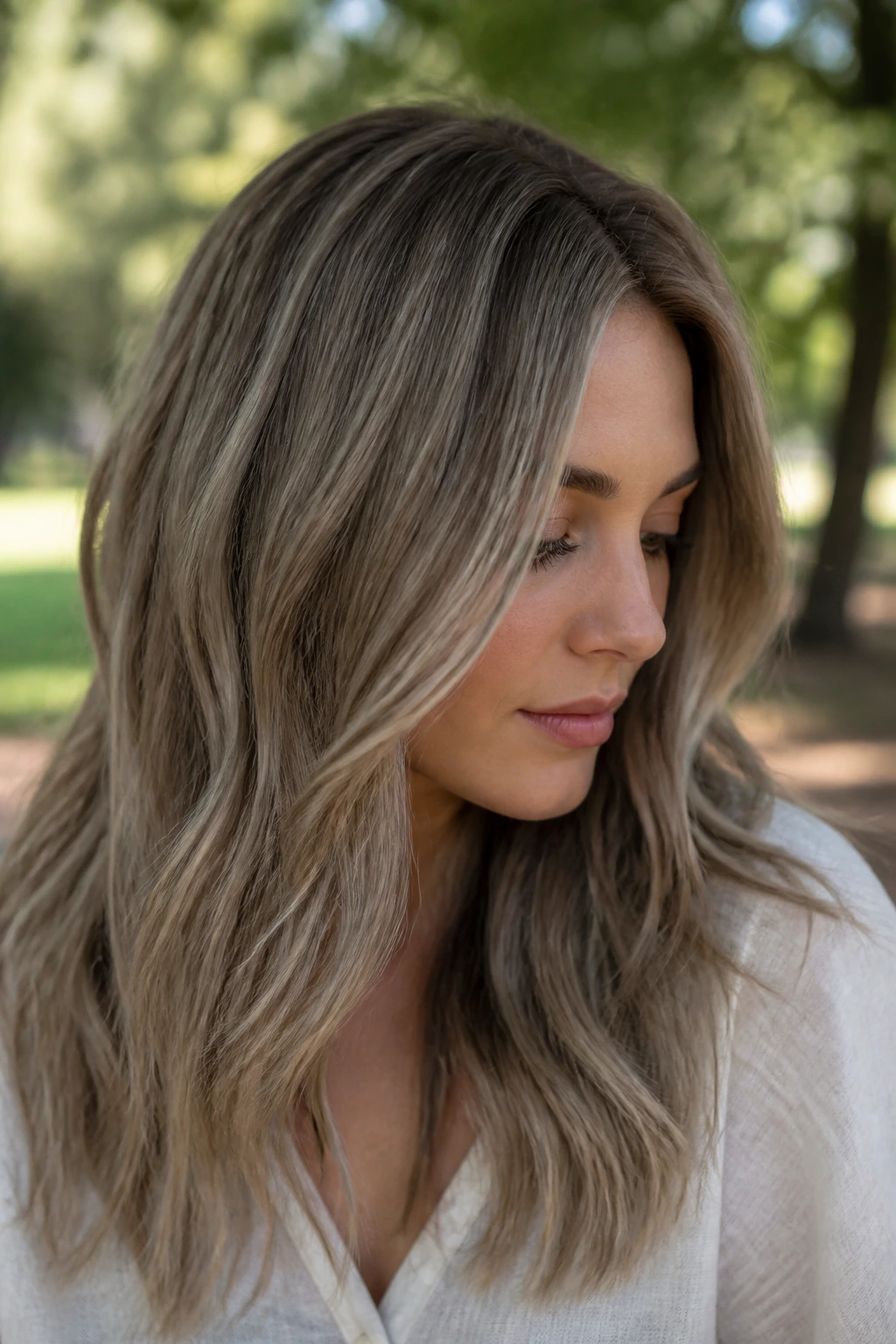Close-up of mushroom blonde on a real person with taupe-beige base
