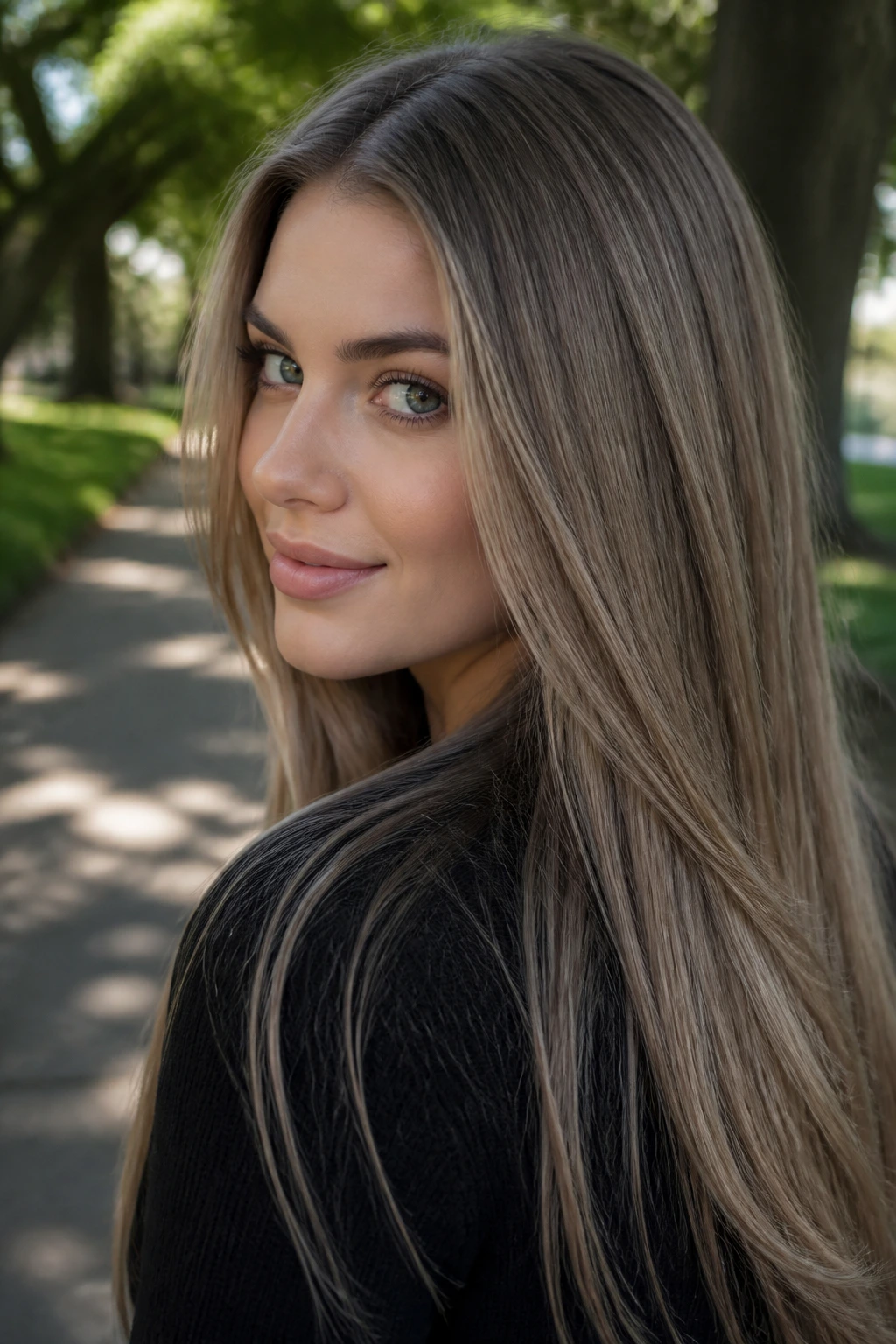 Real woman with mushroom blonde hair in portrait with taupe-beige tones.