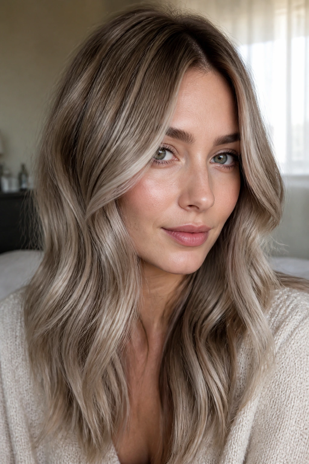 Close-up portrait of a real woman with mushroom blonde hair featuring taupe roots and ash ribbons.