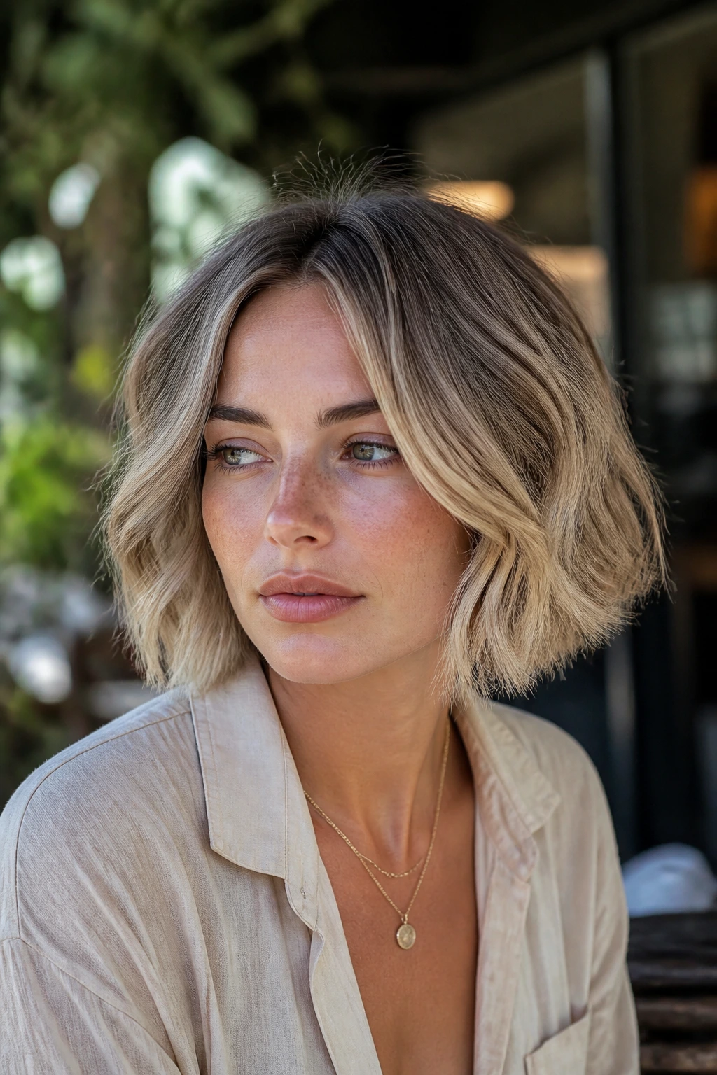Close-up of a real woman with a textured mushroom blonde bob and soft ash-beige tones