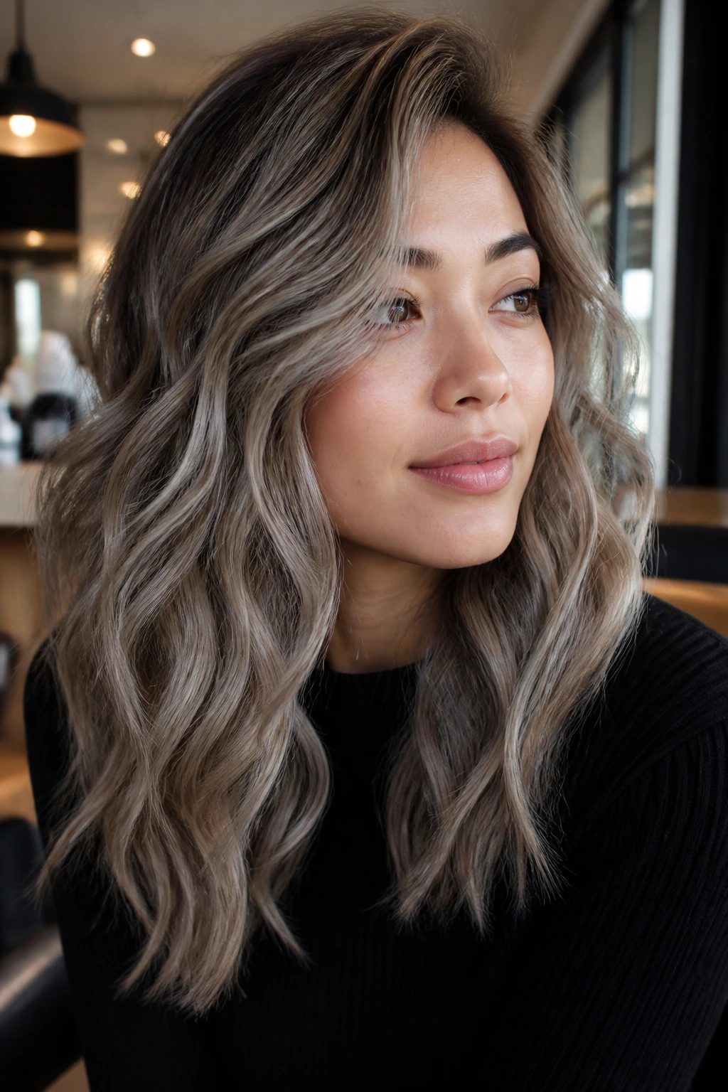 Close-up of mushroom blonde waves on a real woman in a cafe setting