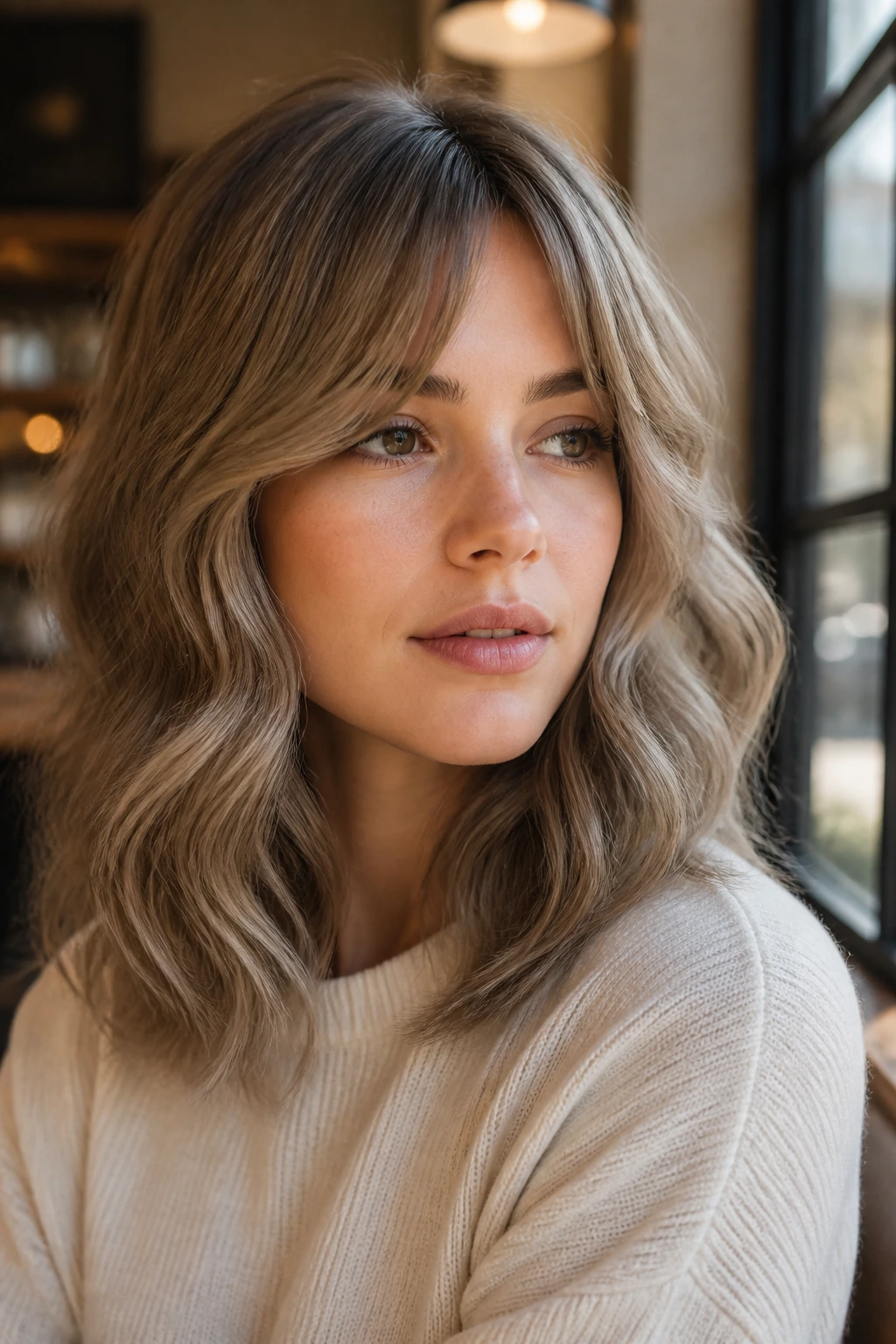 Real woman with mushroom blonde wavy cut in cafe lighting.