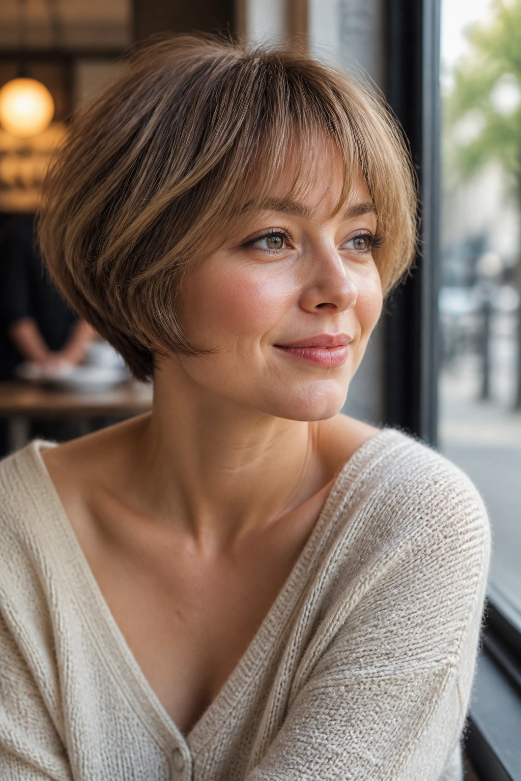 Portrait of a woman with a mushroom bob and airy fringe in cafe-window light