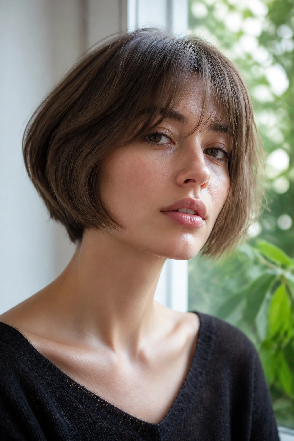 Close-up portrait of a person with mushroom bob and wispy curtain bangs by a window