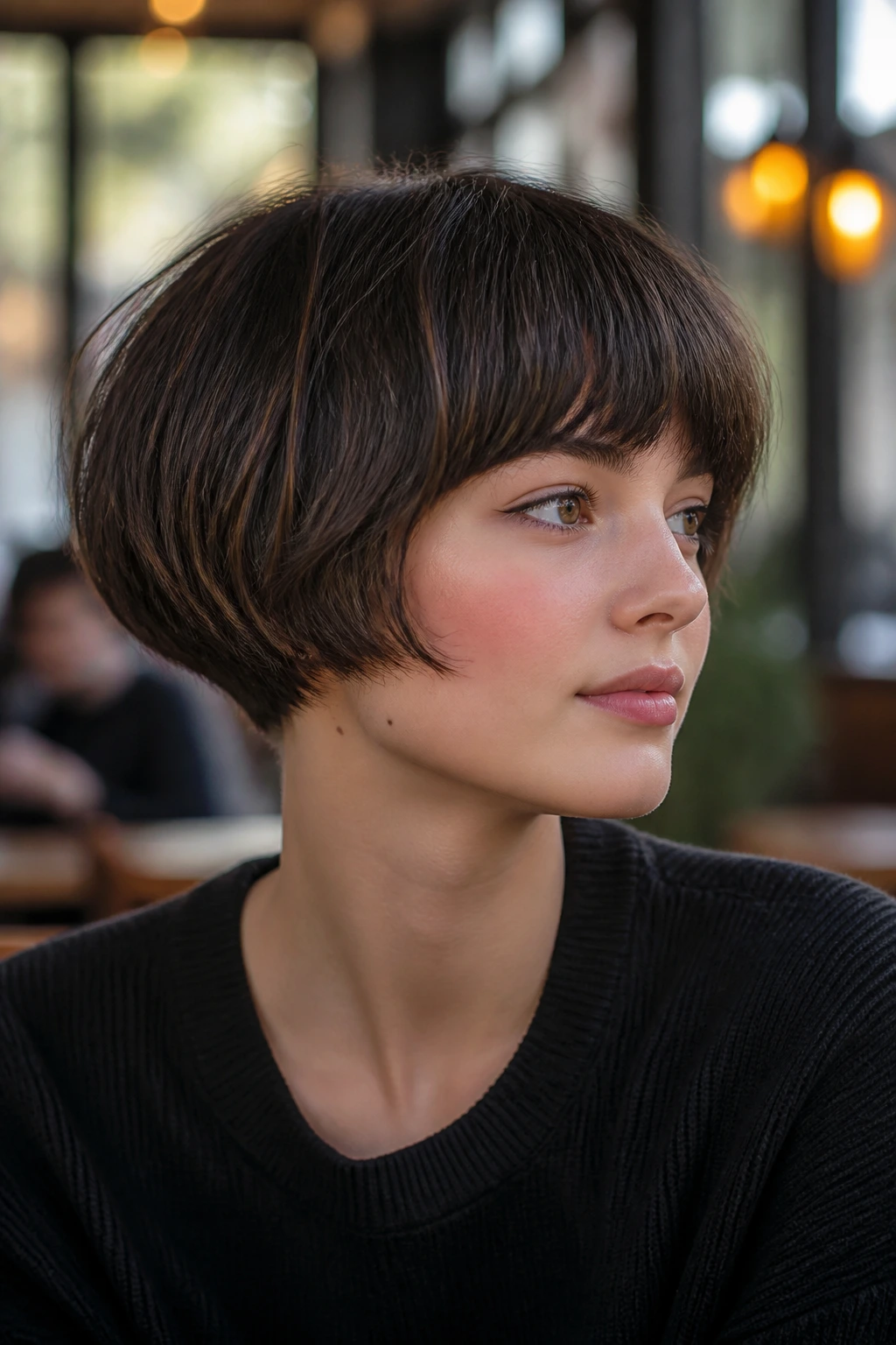 Close-up of a woman with mushroom bob showing movement in a cafe setting