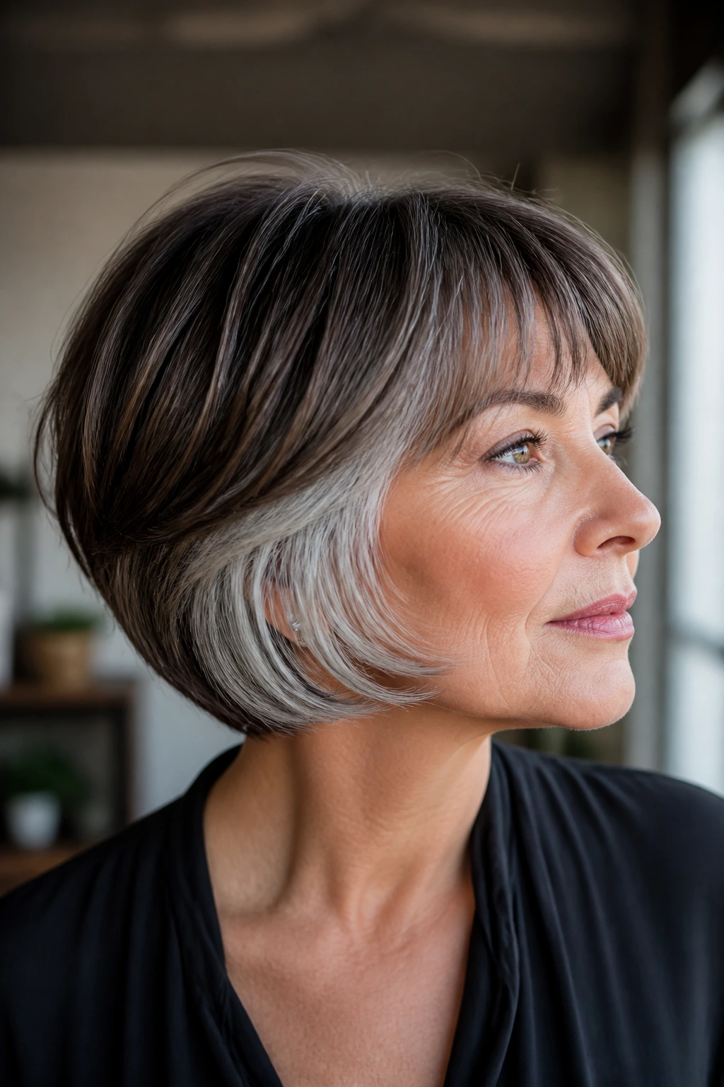 Close-up of a woman with layered mushroom bob and silver underlights