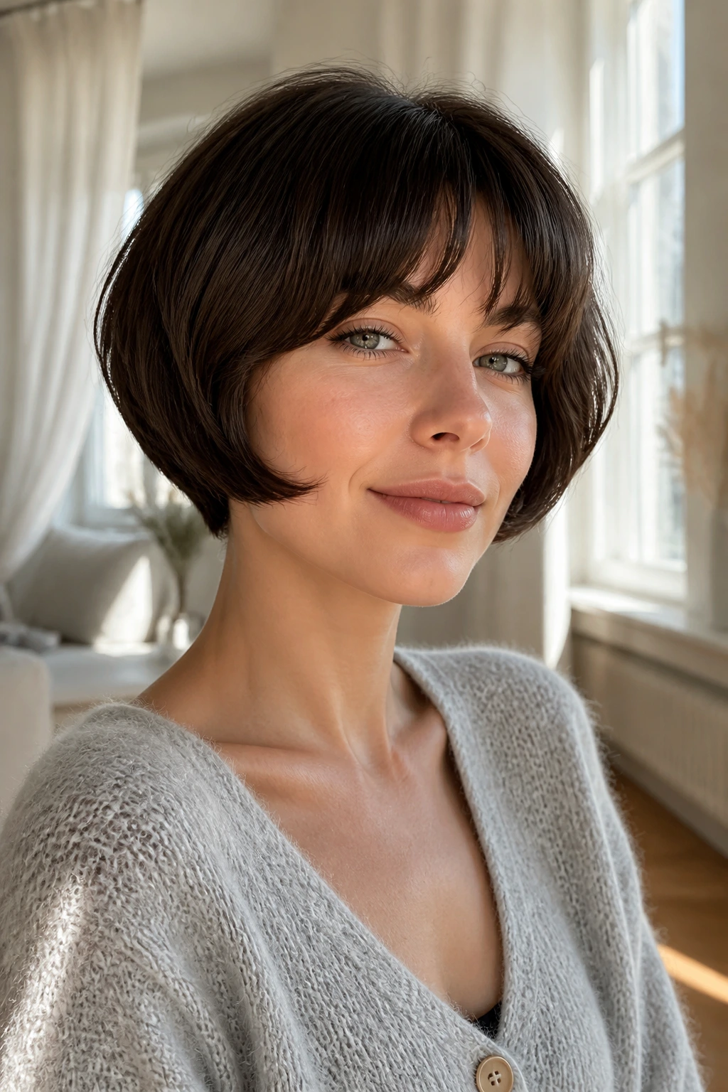Close-up of real woman with mushroom bob and soft arched bangs in living room