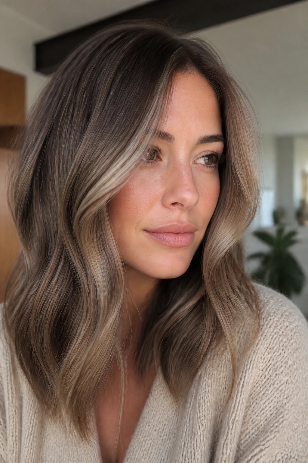 Close-up of a woman with soft mushroom bronde balayage featuring beige ribbons and cool tones.