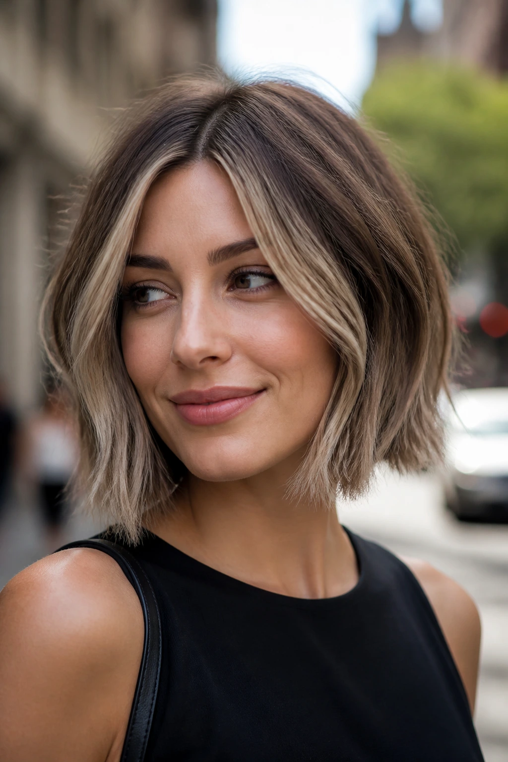 Portrait of a woman with mushroom bronde bob in cool beige-taupe tones