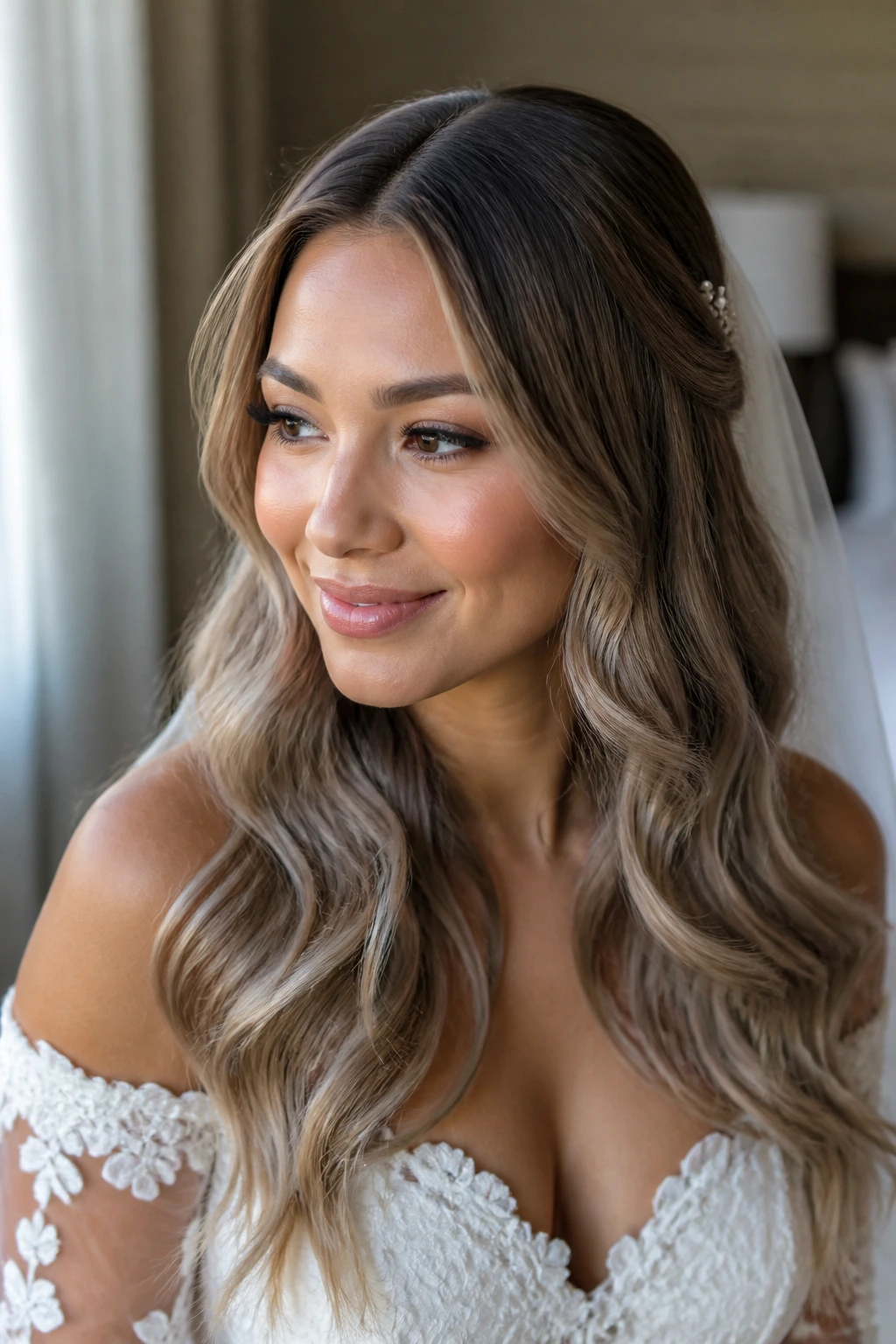 Close-up of real bride with mushroom bronde hair in taupe-beige tones