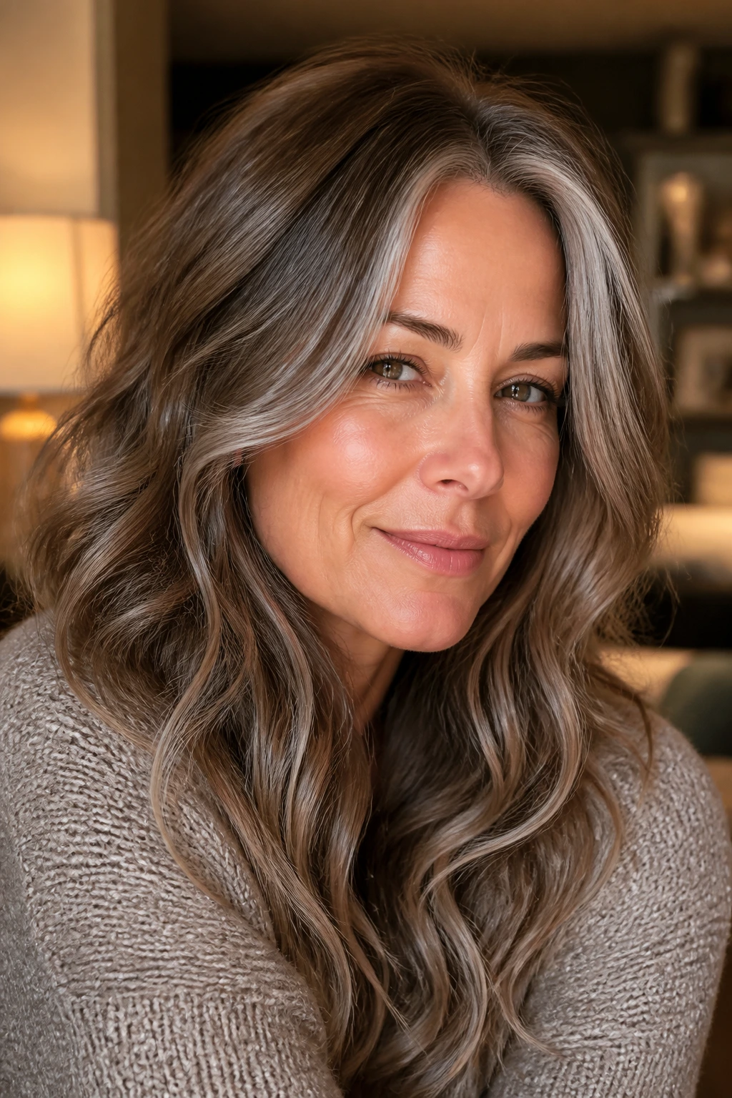 Close-up of brunette with mushroom bronde gray hair in warm indoor light