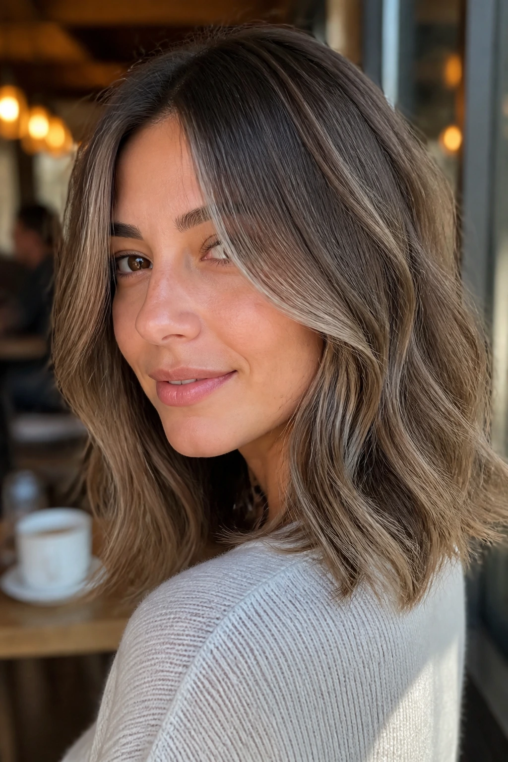 Close-up of a woman with mushroom bronde hair in cafe light