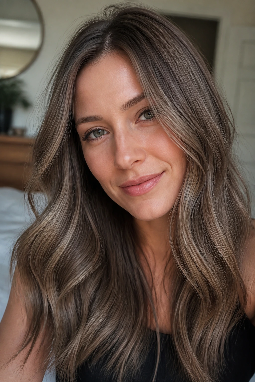 Close-up portrait of a real woman with mushroom bronze bronde hair in soft natural light.