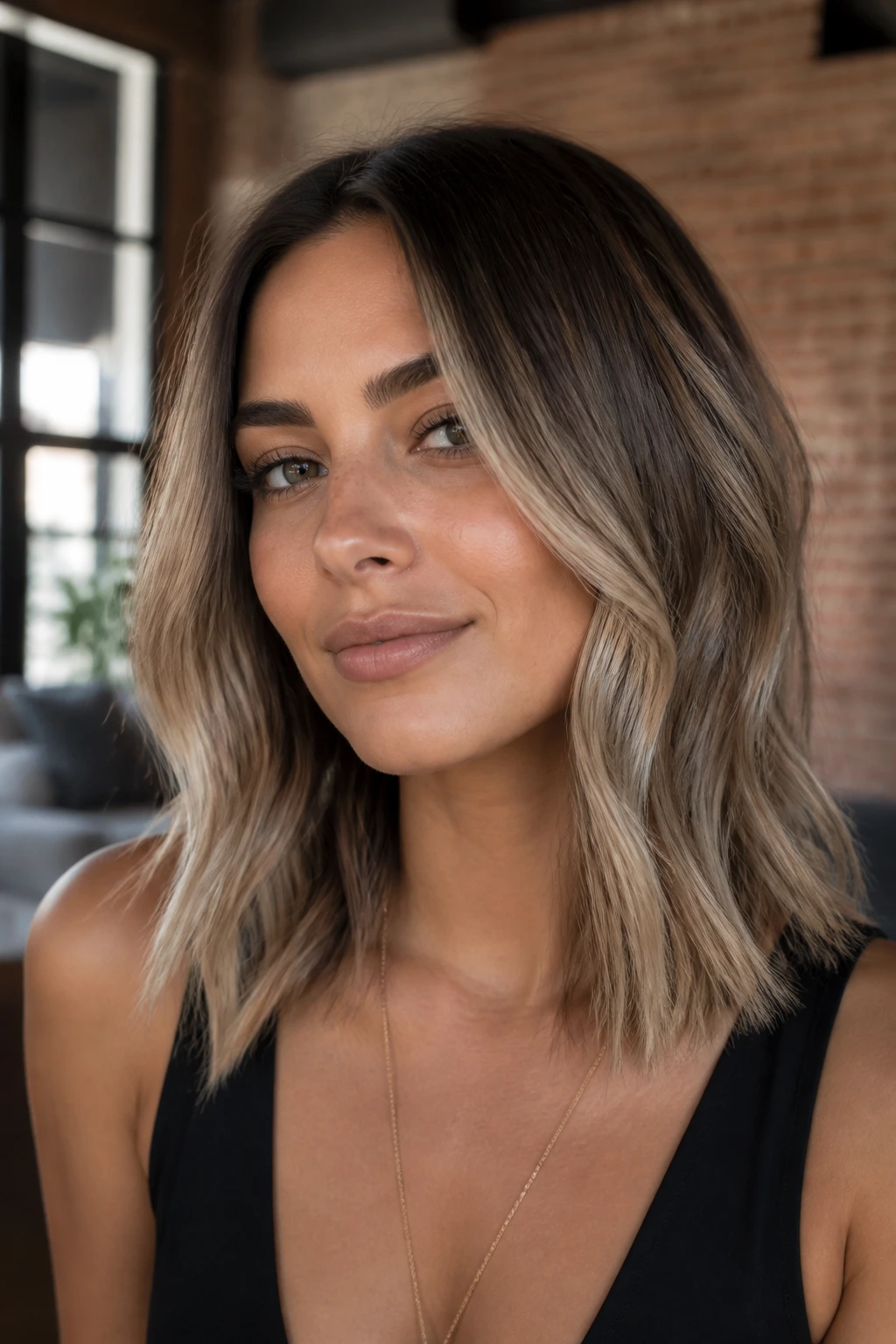 Close-up of a real person with brunette-to-bronde melt on medium-length hair.