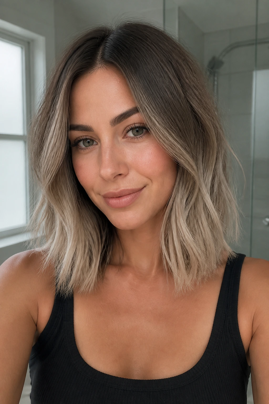Mushroom brown to ash blonde ombre on a real person with cool-toned gradient