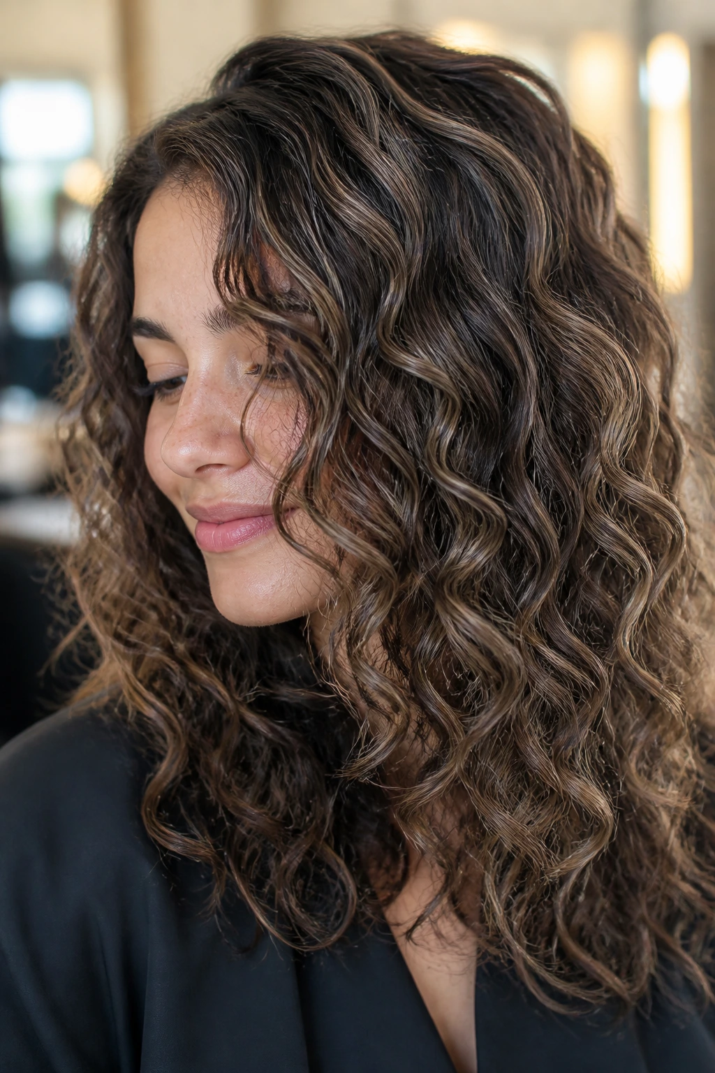 Close-up of a real woman with mushroom brown ash highlights on brunette hair