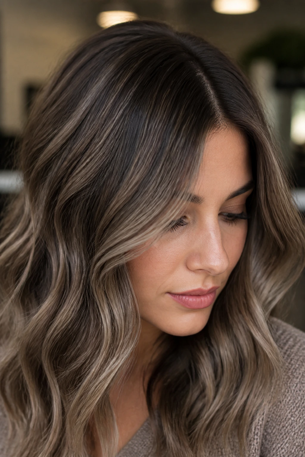 Close-up of a real woman with cool taupe mushroom brown wavy hair and tiny babylights