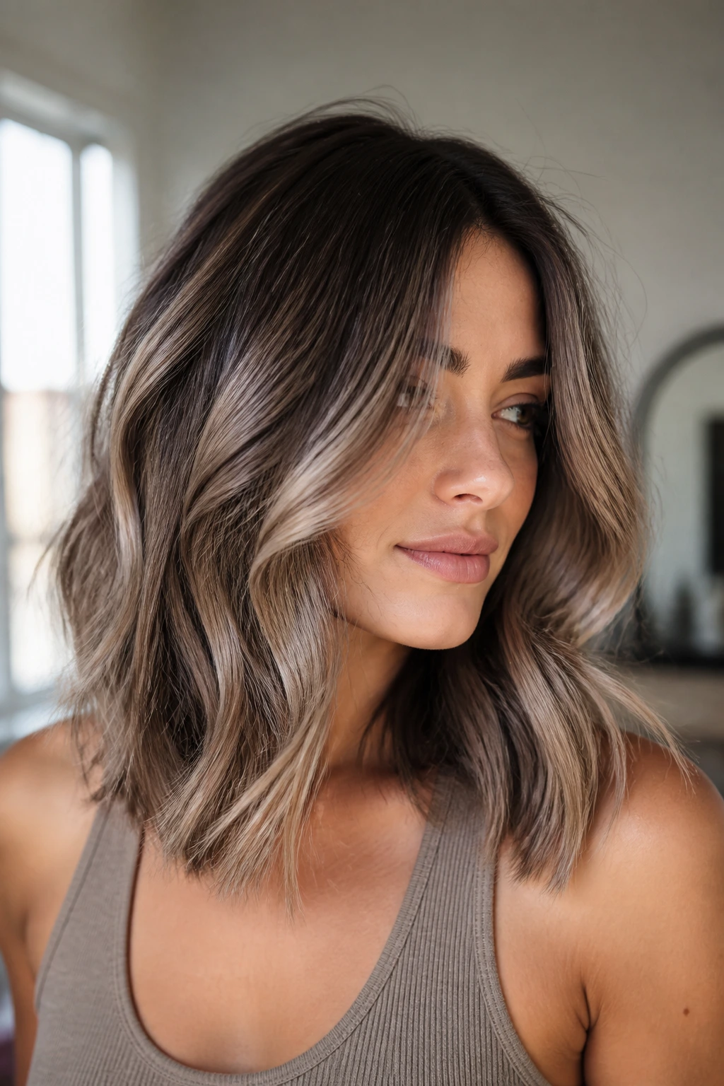 Shoulder-length hair with mushroom brown balayage on a real person.