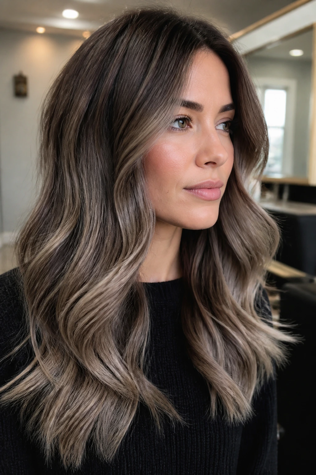 Close-up of cool-toned brunette with mushroom brown balayage