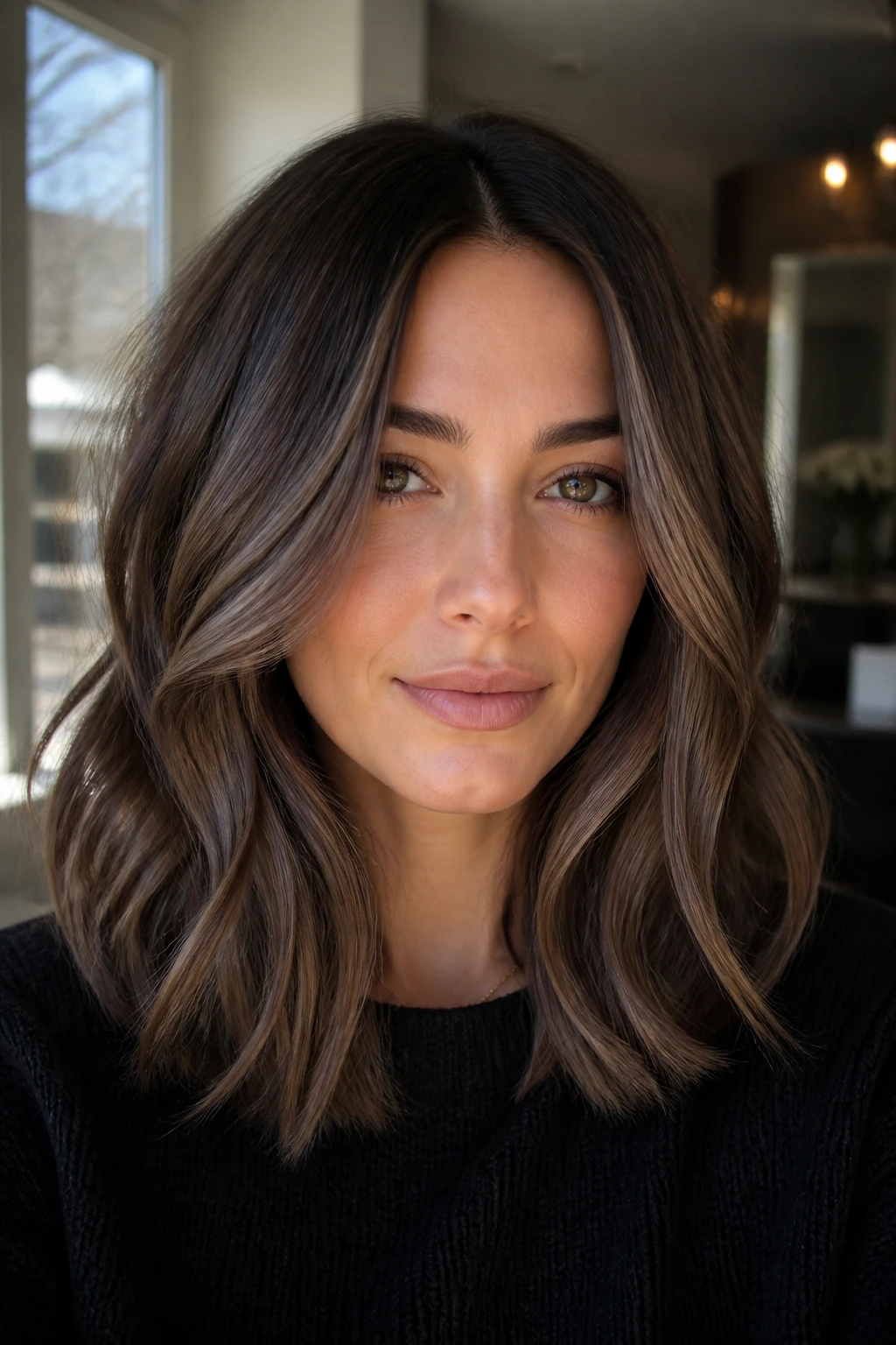 Portrait of a brunette with mushroom brown balayage showing subtle taupe tones