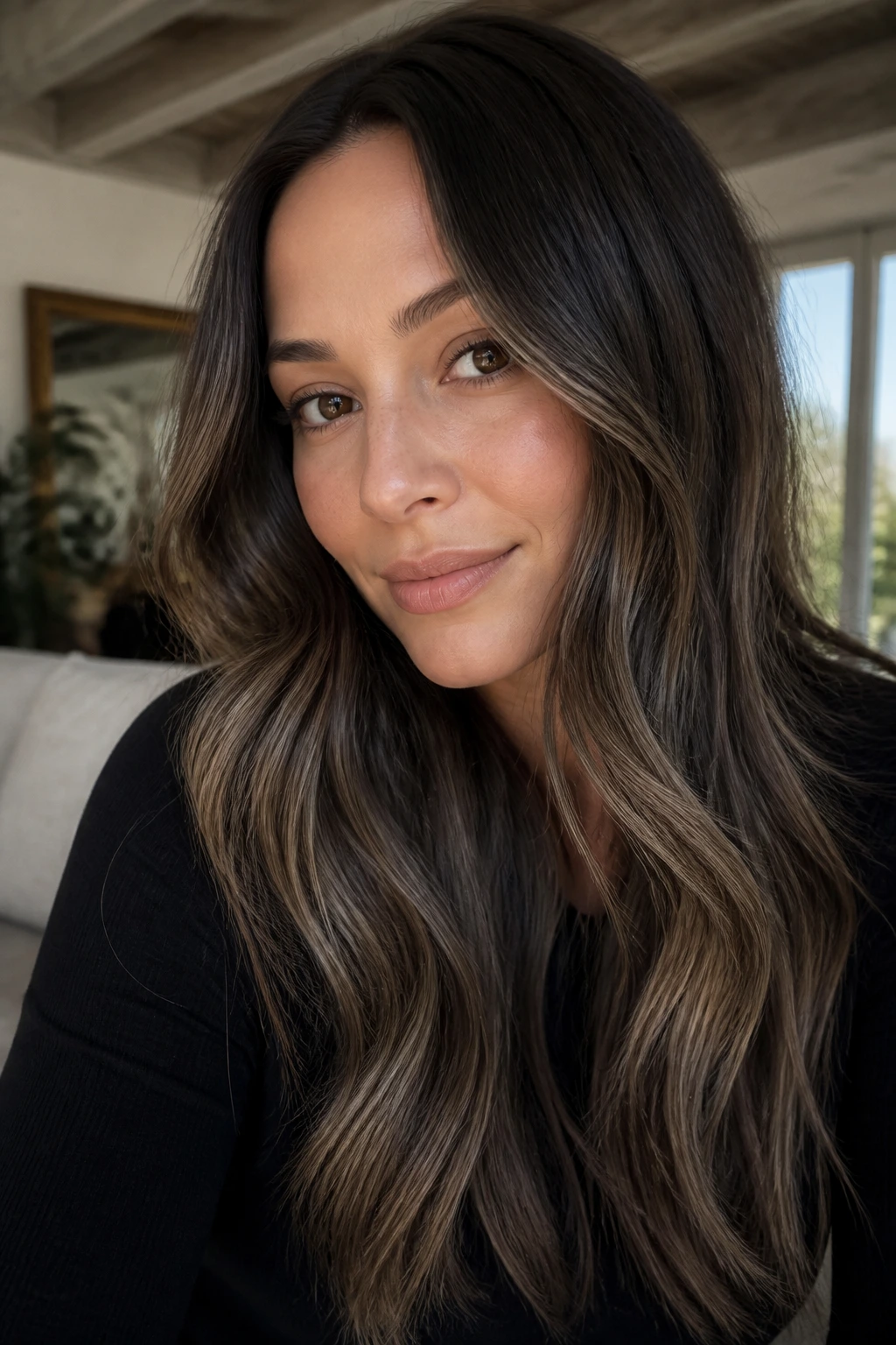 Close-up portrait of brunette hair with mushroom brown balayage in soft window light