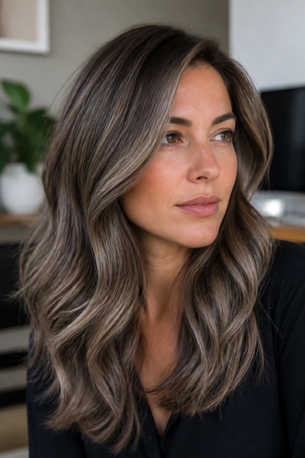 Cool taupe mushroom brown balayage on ash brown hair in a home office