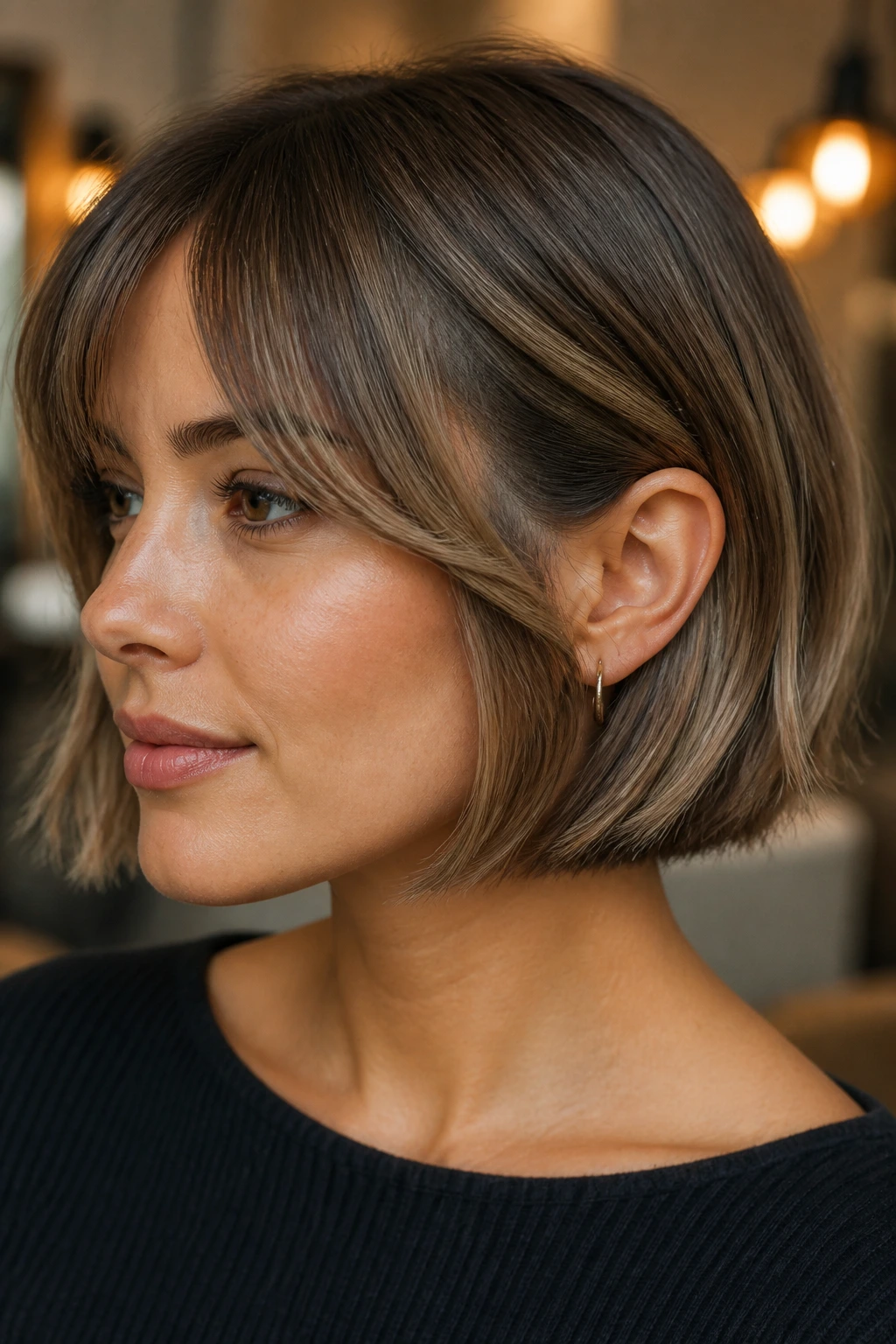 Close-up of a real person with mushroom brown balayage in a French bob