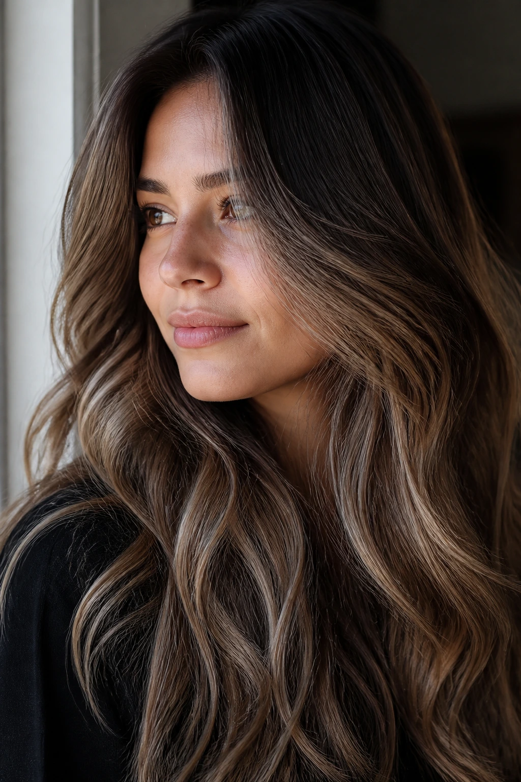 Close-up portrait of a real woman with mushroom brown balayage and cool beige ribbons.
