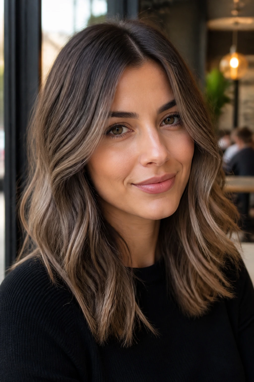 Real woman with mushroom brown balayage on shoulder-length hair.