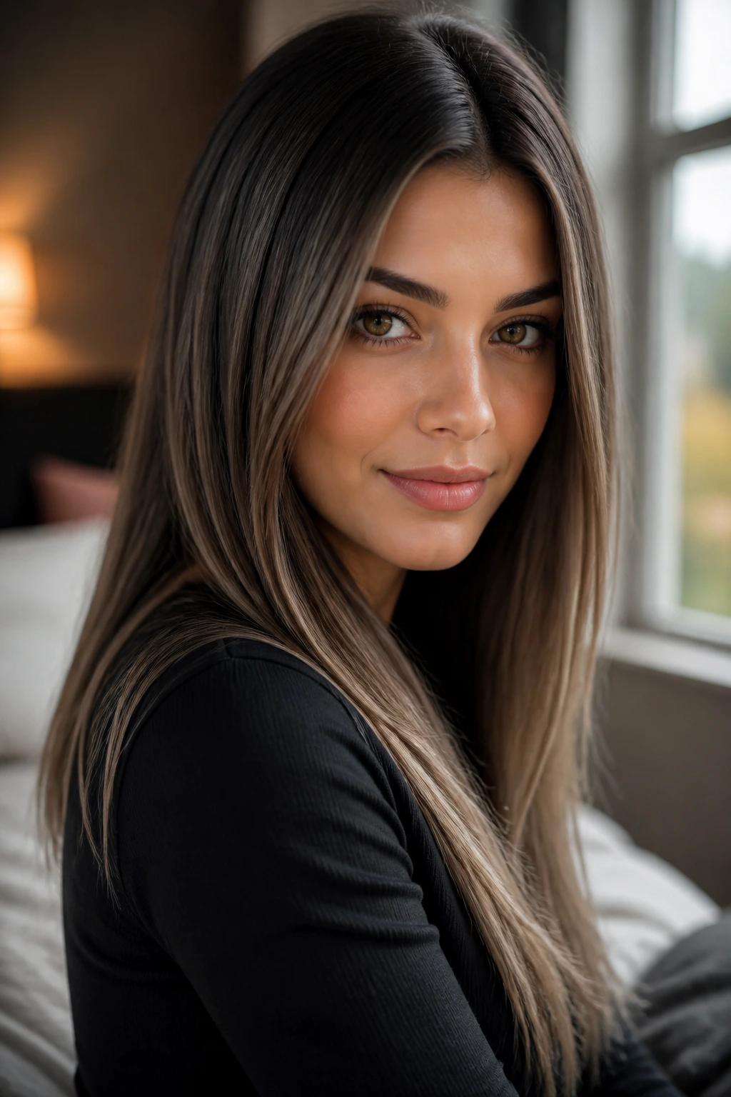 Close-up portrait of a real woman with mushroom brown balayage, cool taupe-ash tones.