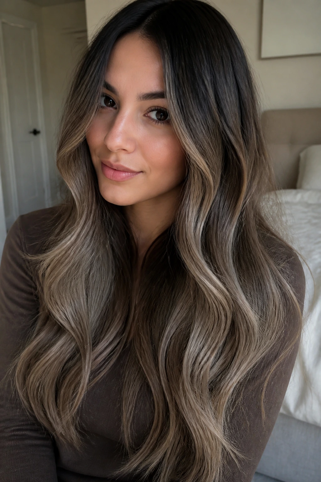 Mushroom brown balayage with beige veil ends on a real person