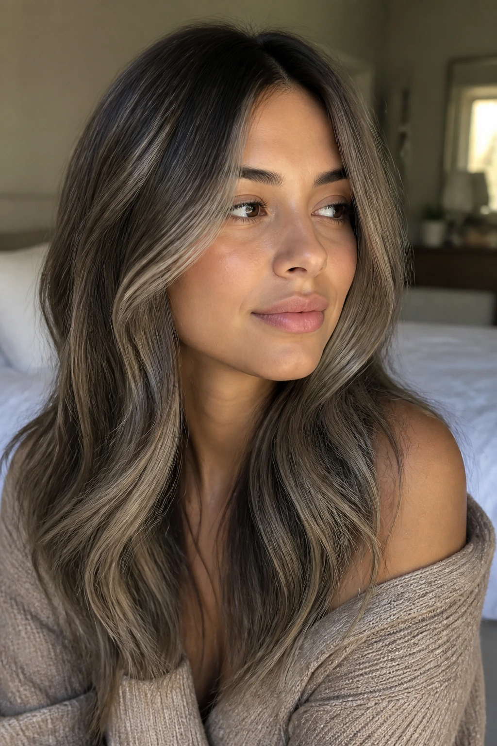 Close-up of mushroom brown hair with beige ash ribbons on a real person