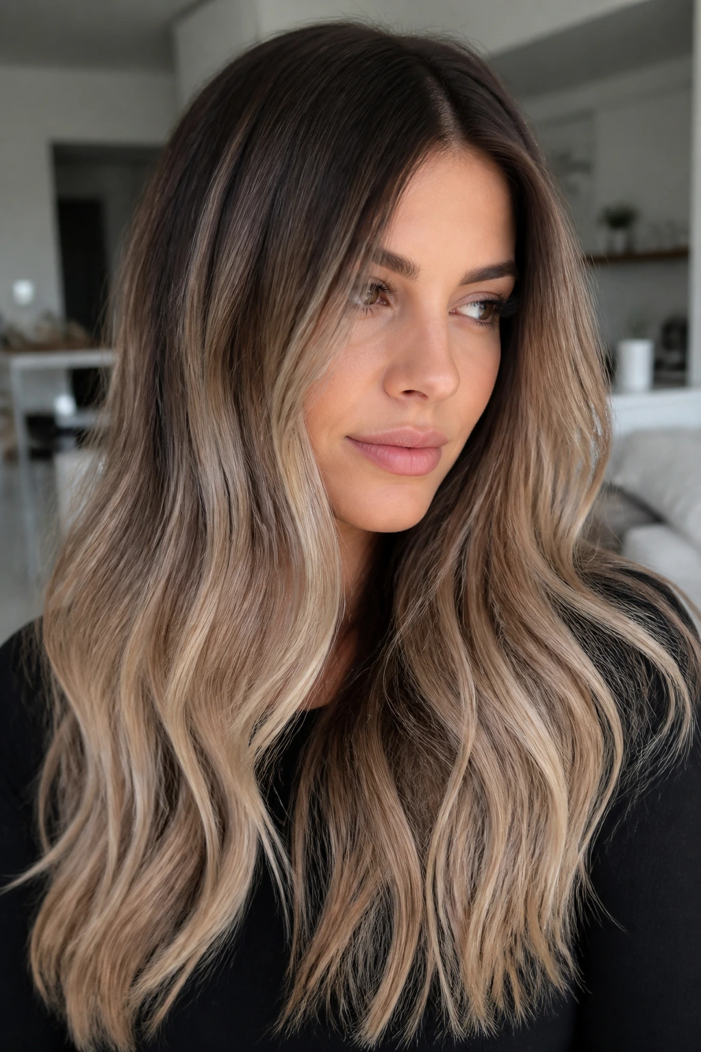 Close-up of cool-toned mushroom brown to beige blonde ombre