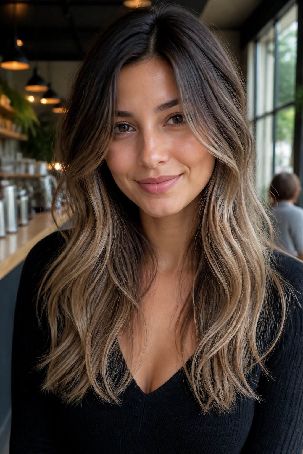 Close-up of a real person with mushroom brown hair and beige blonde ends catching light