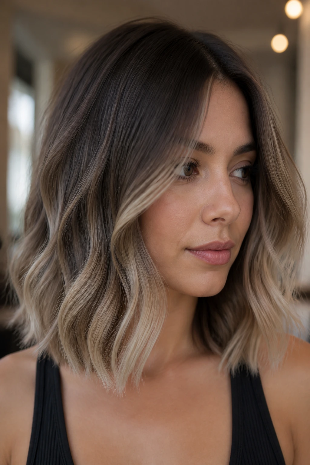 Portrait of medium-length hair in mushroom brown with beige ends.