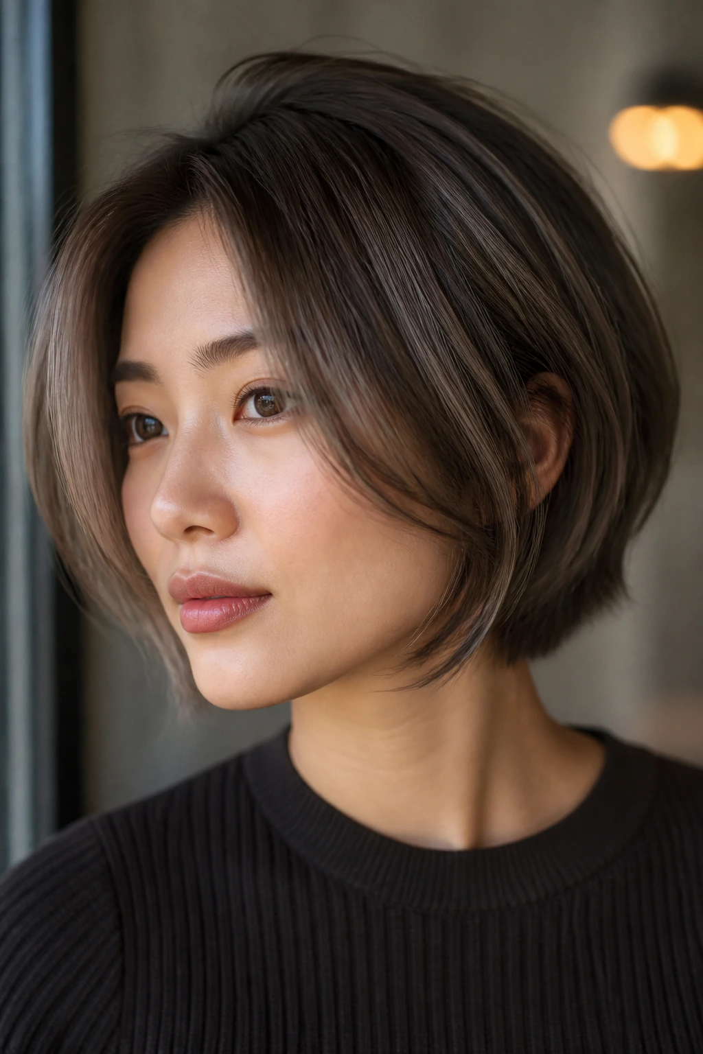 Close-up of a real woman with mushroom brown hair and beige veining on short bob.