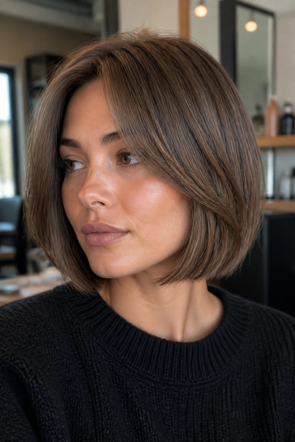 Portrait of a person with mushroom brown bob in soft natural light